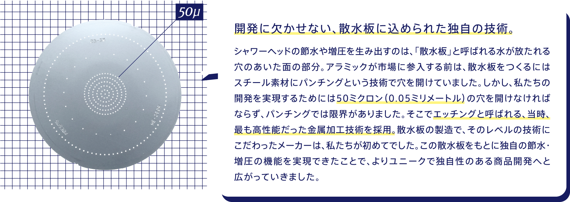 開発に欠かせない、散水板に込められた独自の技術。